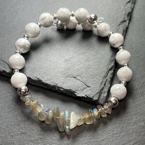 Natural Labradorite And Howlite Crystal Gem Bangle Bracelet Cuff